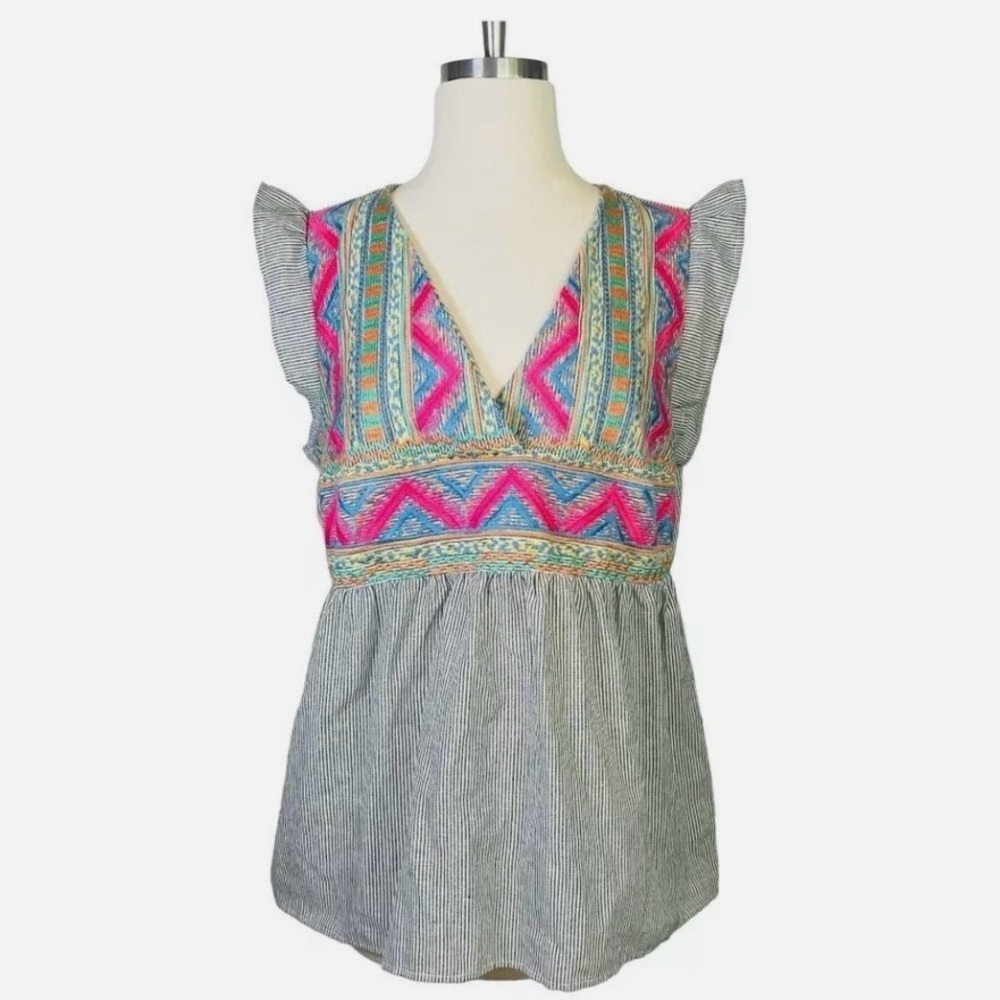 Savanna Jane Pink and Blue Embroidered Short Sleeve Top